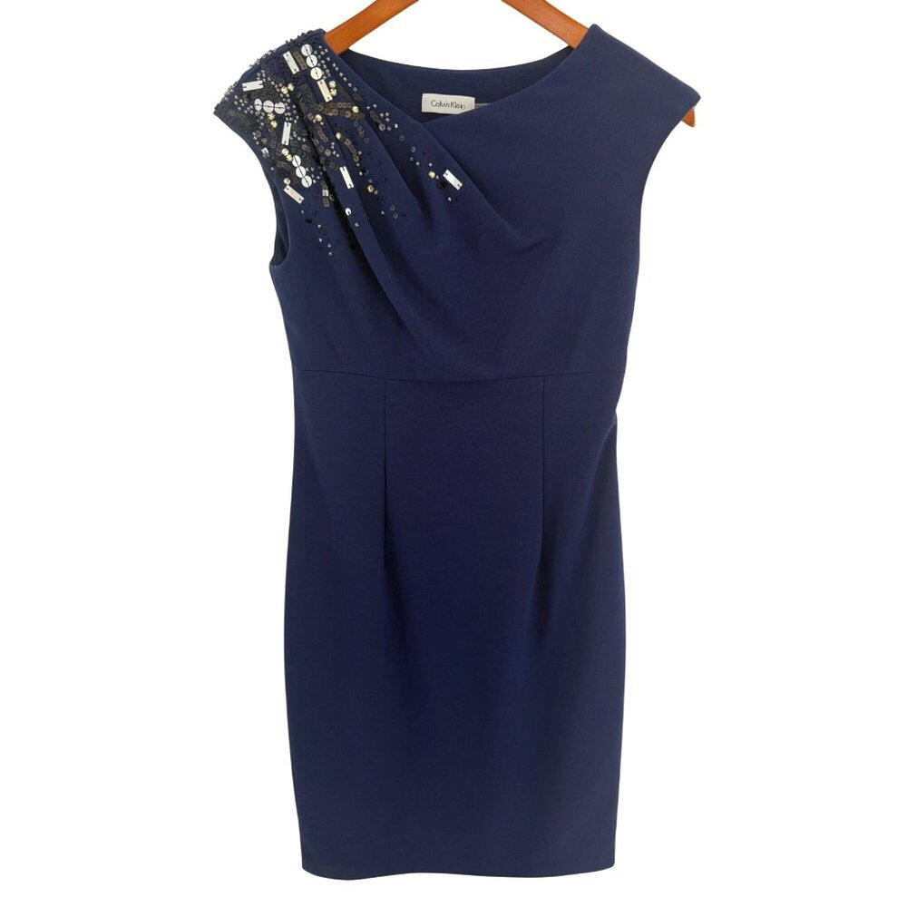 Calvin Klein Women’s 2 Blue Sleeveless Sheath Dress Embellished Fairy Holiday